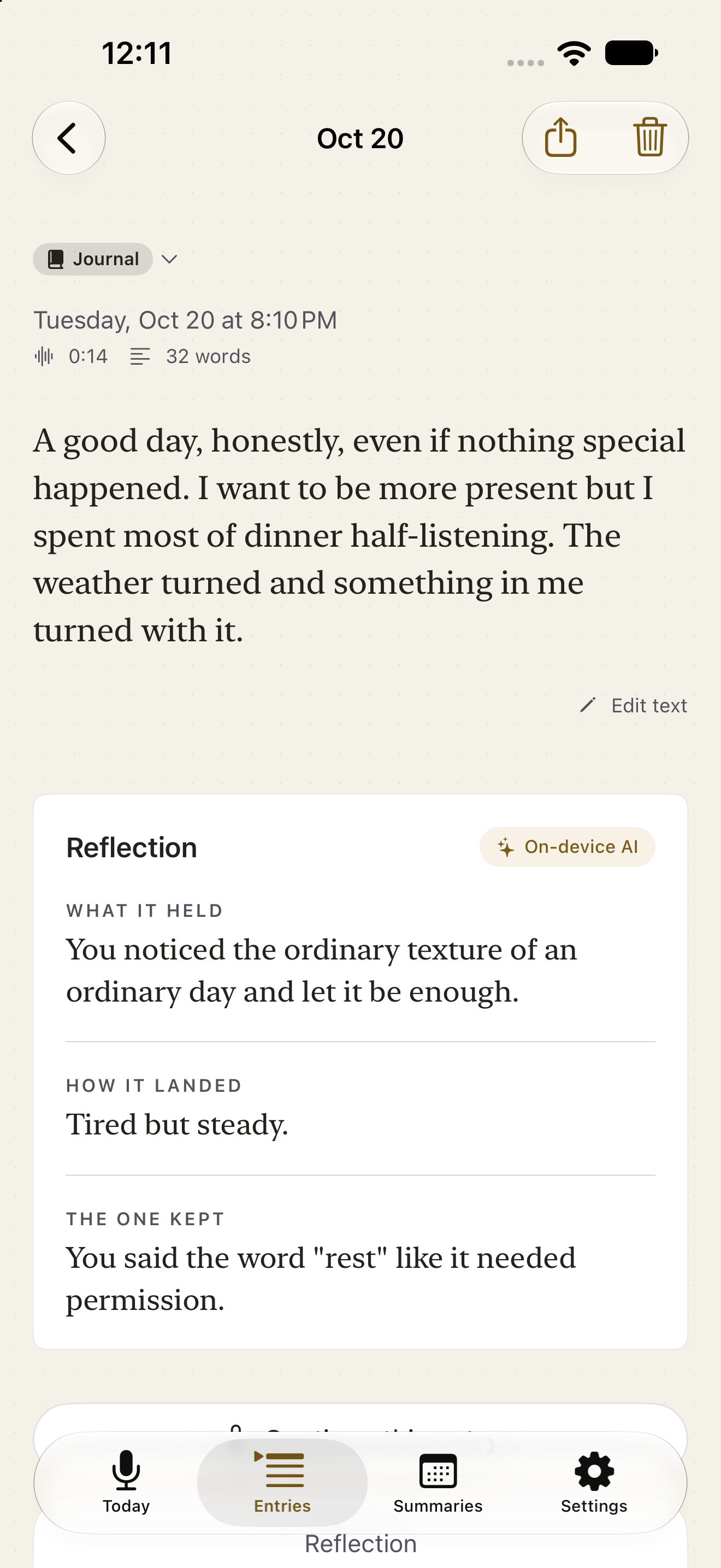 Entry detail with transcript and a short reflection
