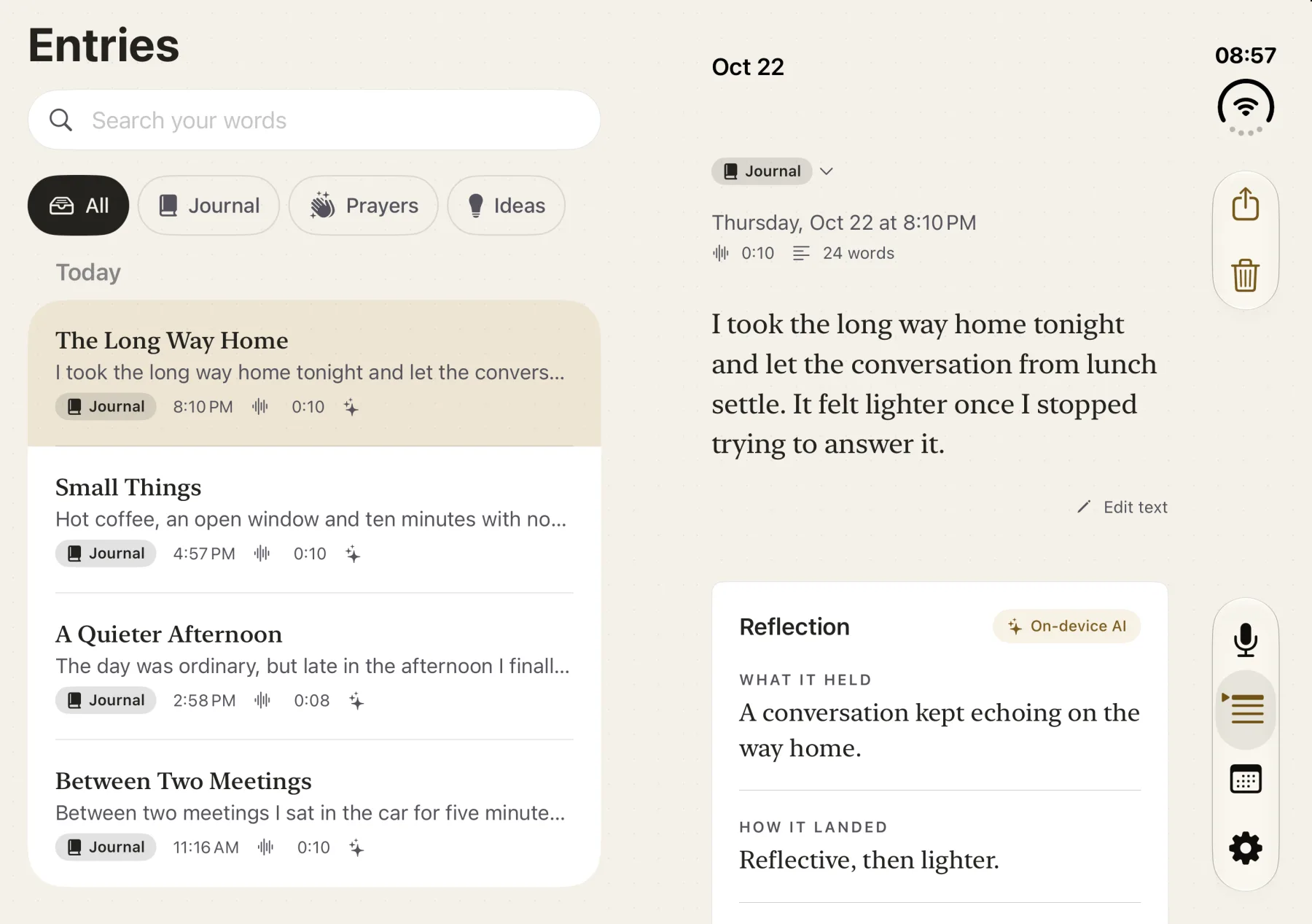 Entries on iPhone Duo: the list on the left page, an entry and its reflection on the right