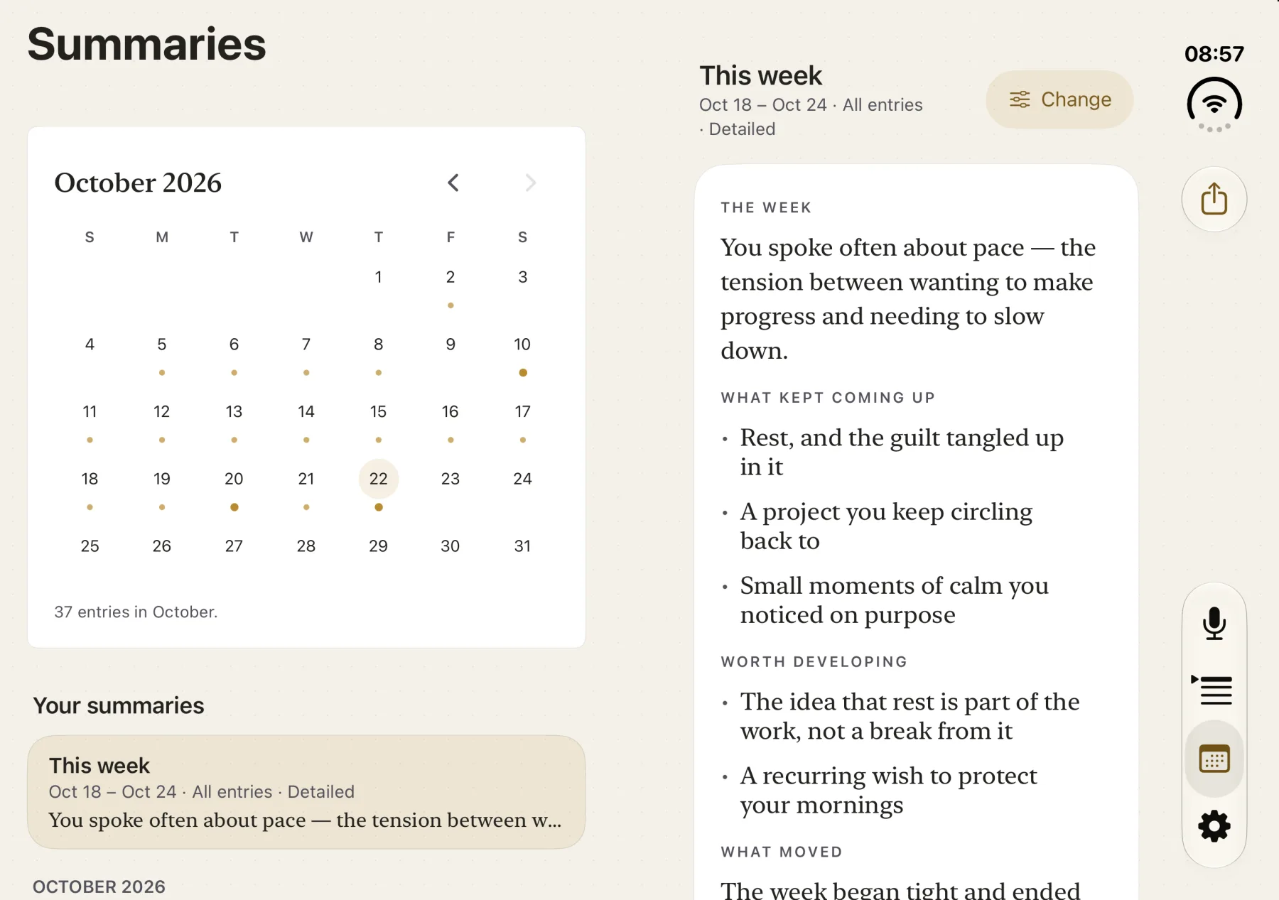 Summaries on iPhone Duo: the month’s calendar on the left page, the week’s summary on the right
