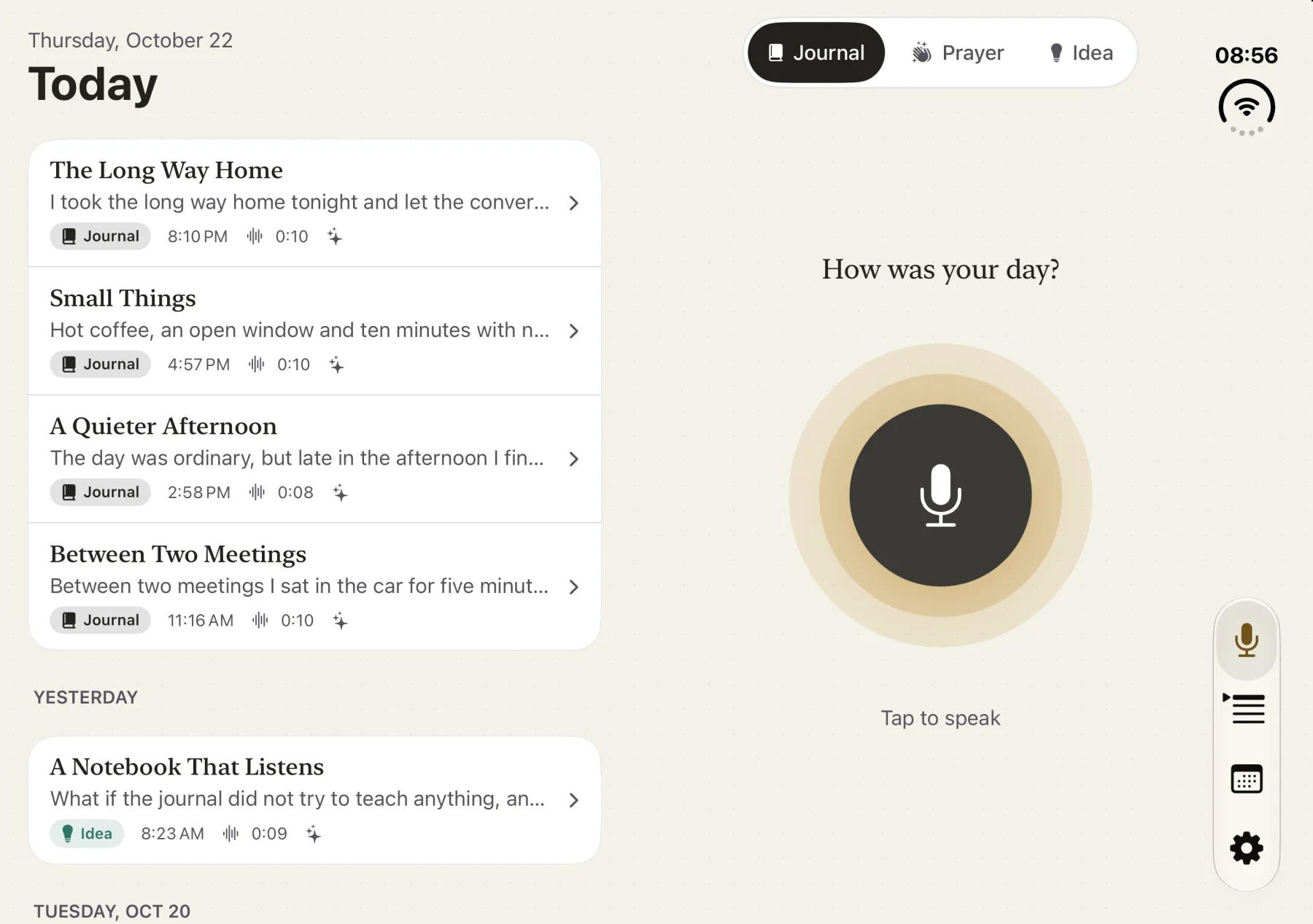 Today on iPhone Duo: the day’s entries on the left page, the record button on the right