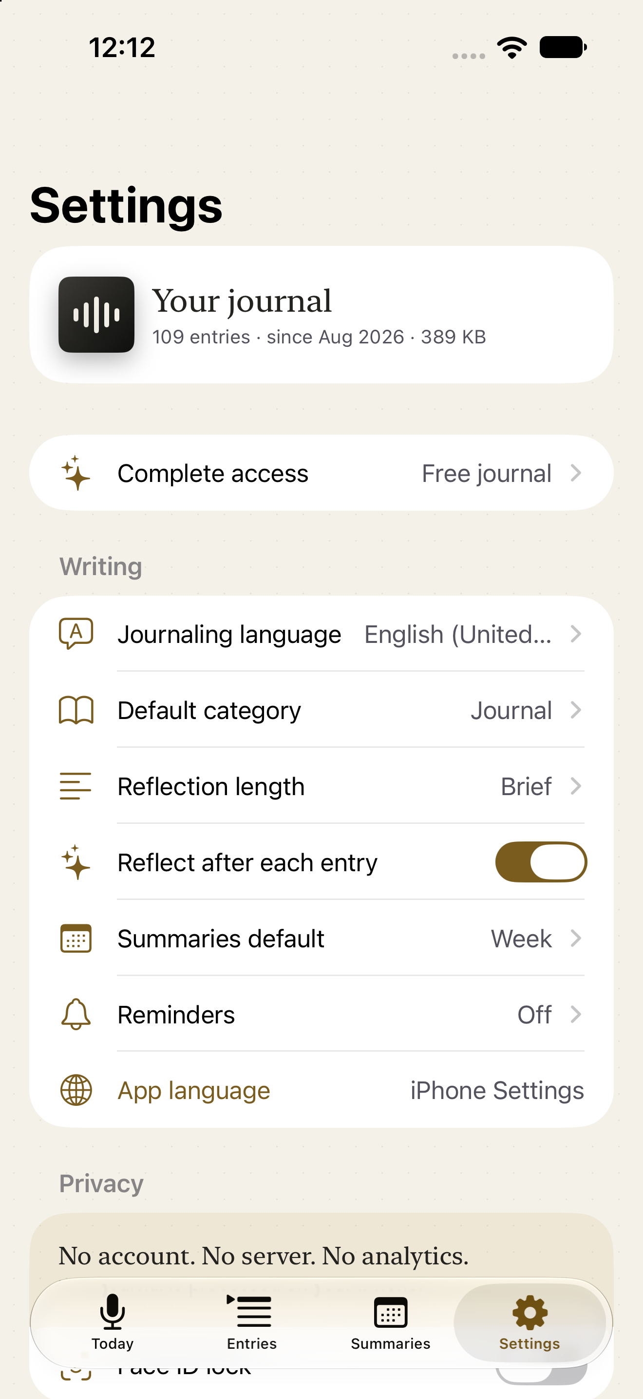 Settings screen with language and privacy options