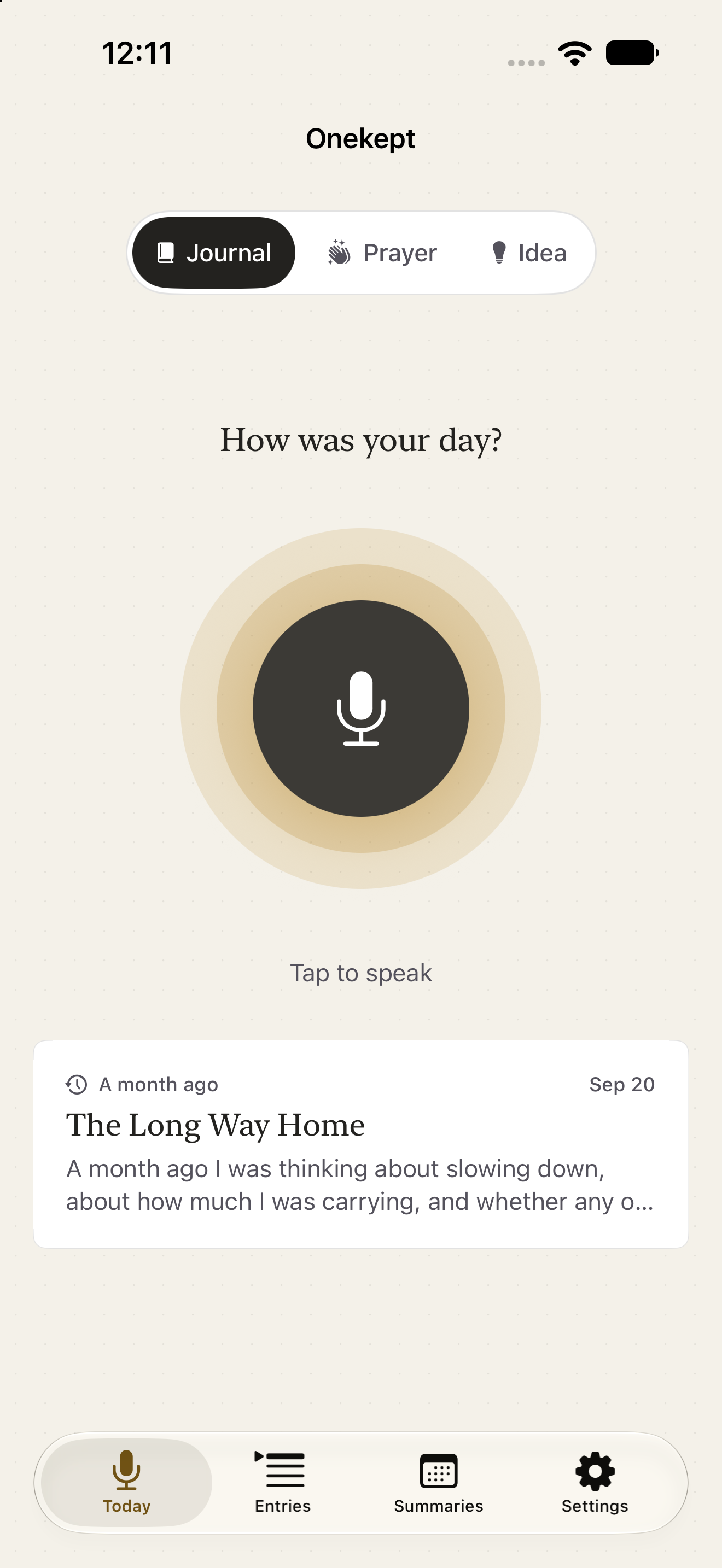 Today screen with a record button and a recent journal entry