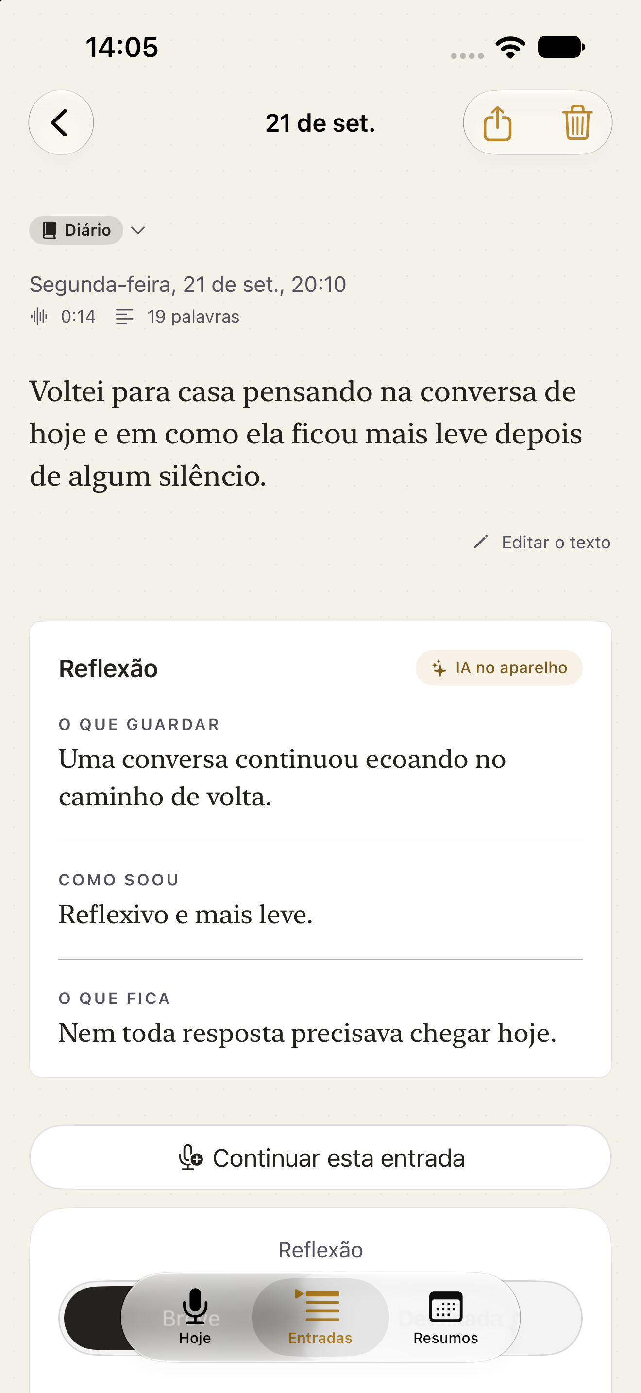Detalhe de uma entrada com transcrição e reflexão curta