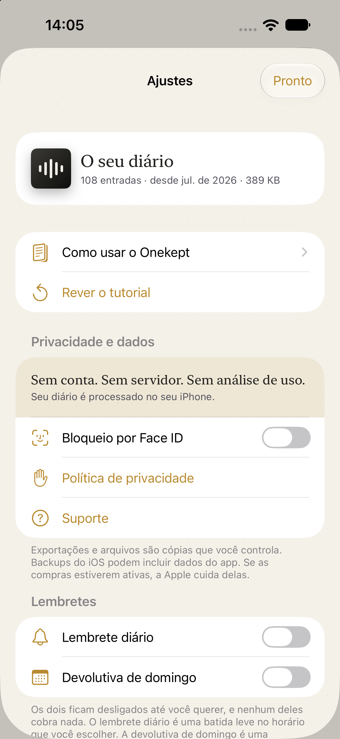 Tela de ajustes com opções de idioma e privacidade