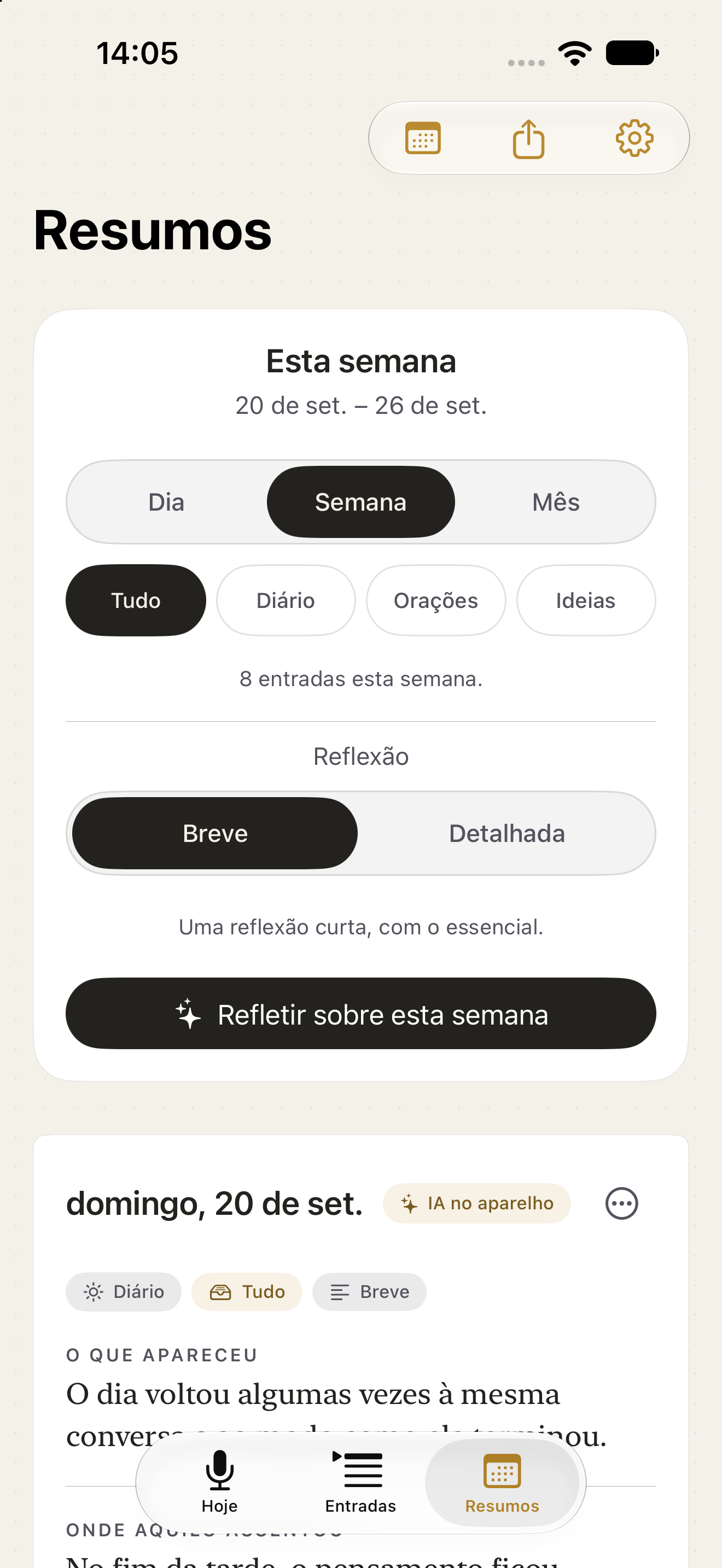 Tela de resumos com um resumo semanal