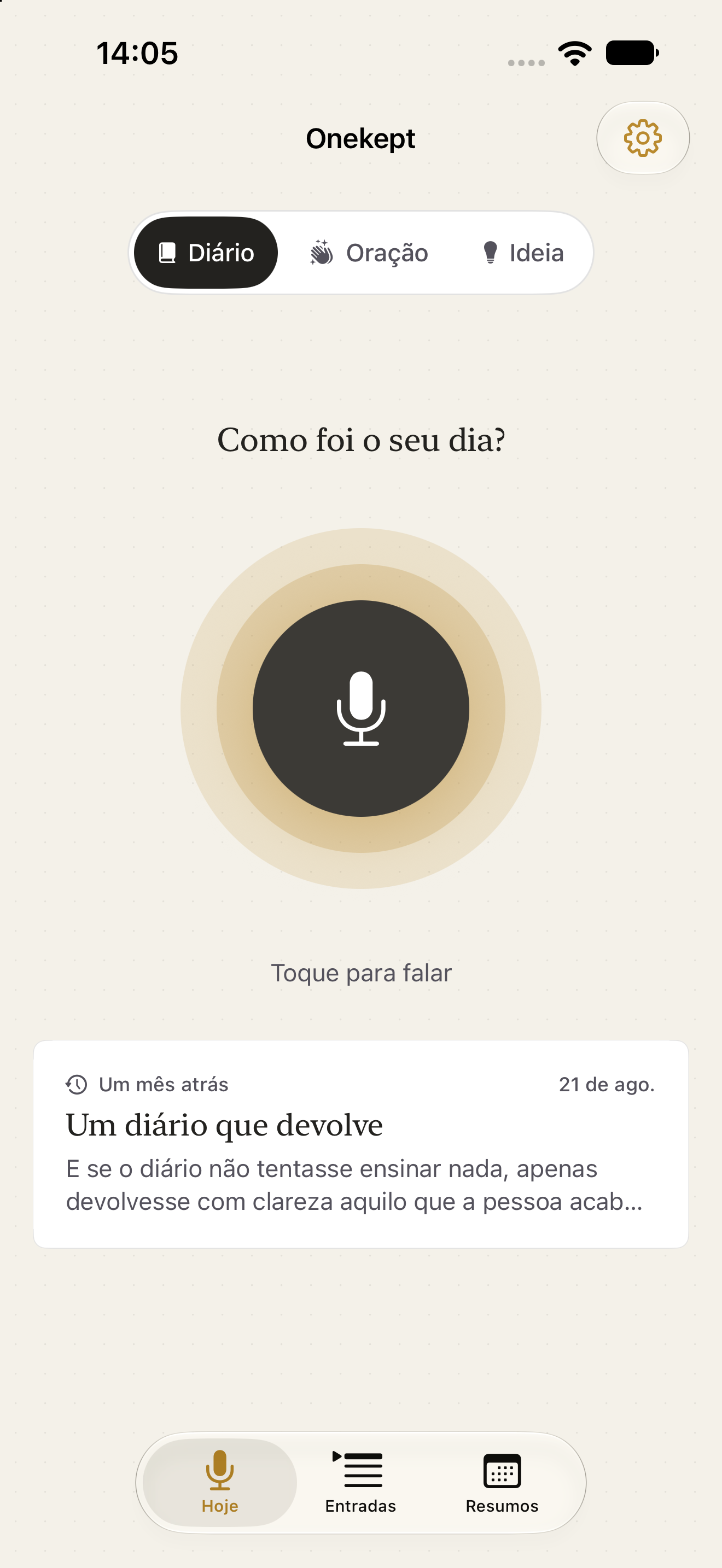 Tela Hoje com botão de gravar e uma entrada recente